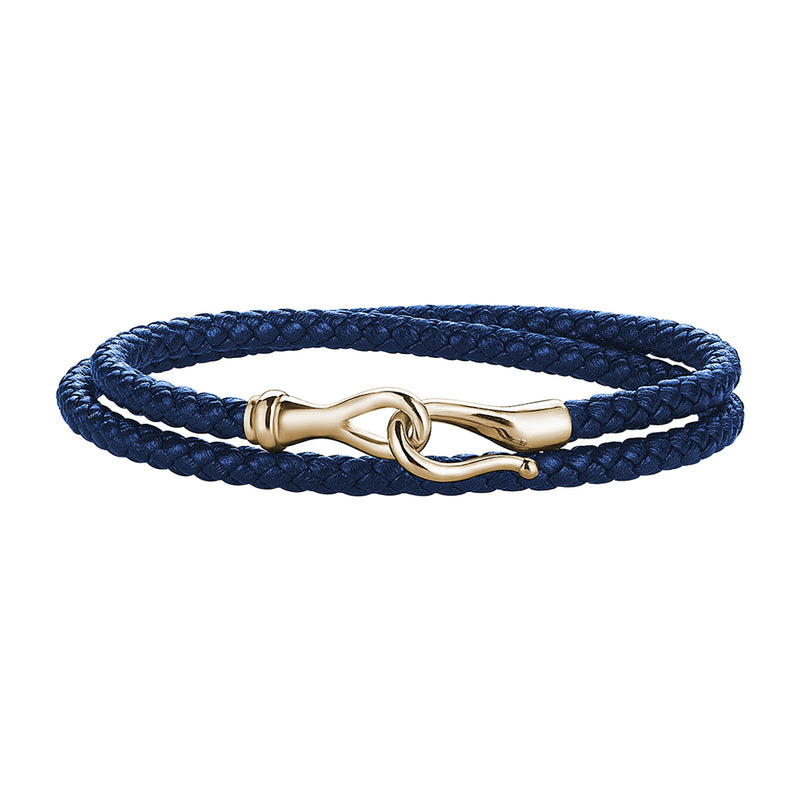 Men's Blue Leather Wrap Bracelet with 14k Yellow Gold Fish Hook Clasp