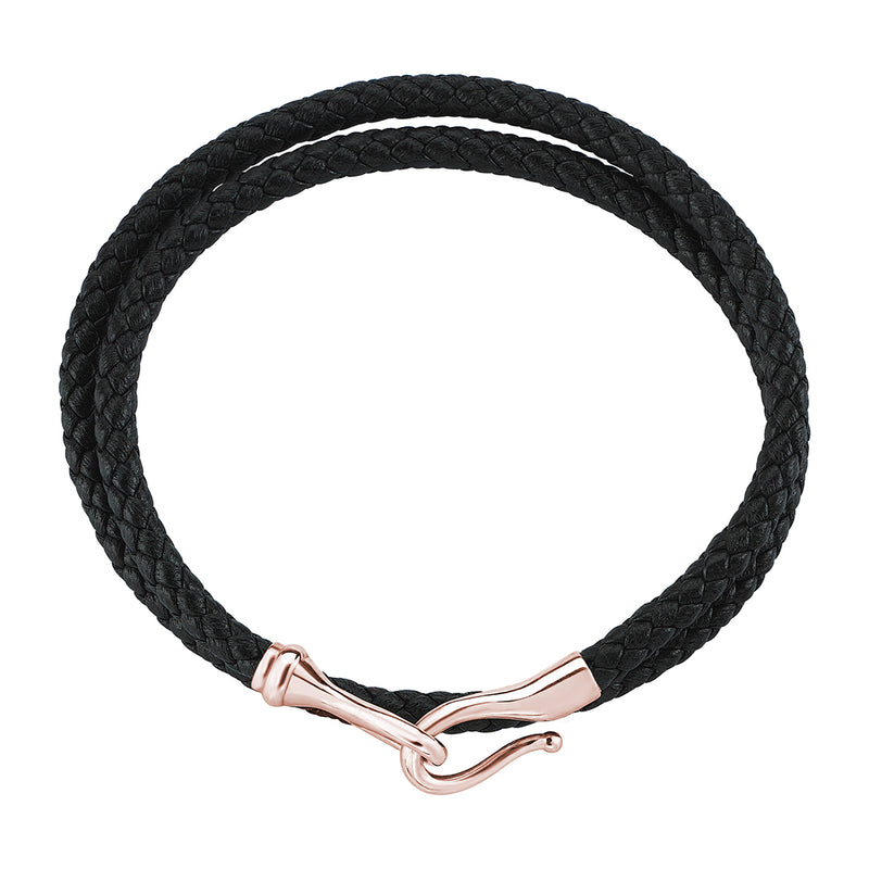 Men's Black Leather Wrap Bracelet with 18k Rose Gold Fish Hook Clasp