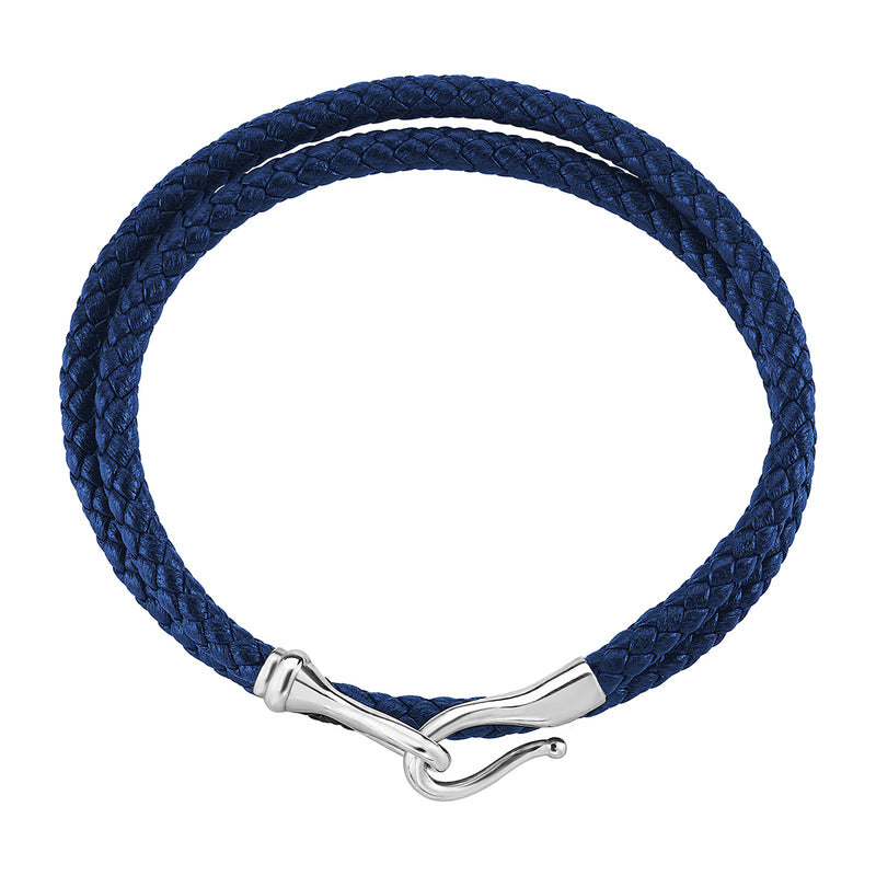 Men's Blue Leather Wrap Bracelet with 14k White Gold Fish Hook Clasp