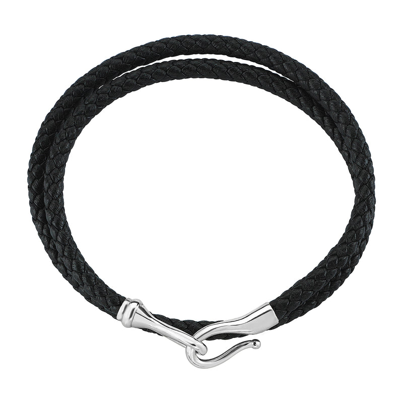 Men's Black Leather Wrap Bracelet with 10k White Gold Fish Hook Clasp