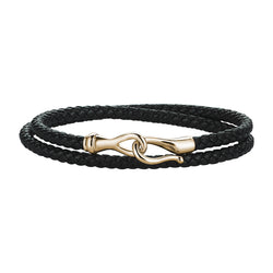 Men's Black Leather Wrap Bracelet with 14k Yellow Gold Fish Hook Clasp