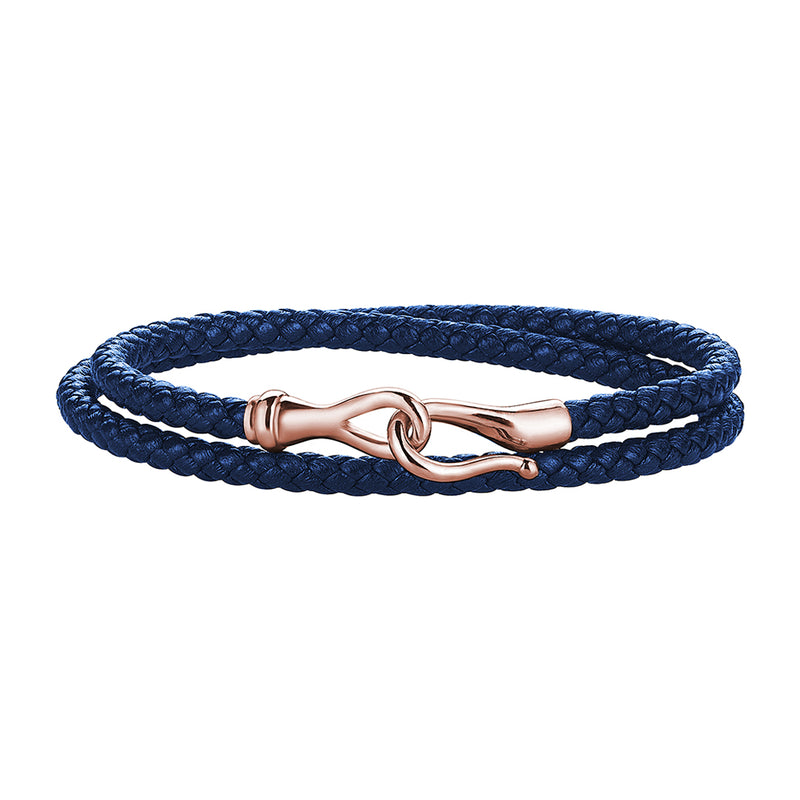 Men's Blue Leather Wrap Bracelet with 10k Rose Gold Fish Hook Clasp