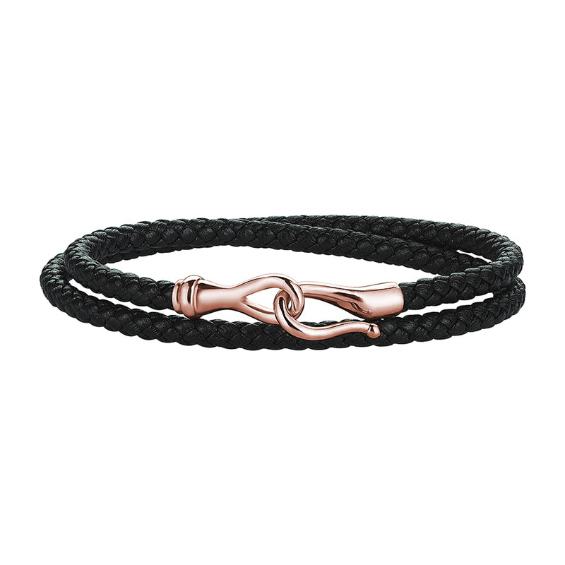 Men's Black Leather Wrap Bracelet with 14k Rose Gold Fish Hook Clasp
