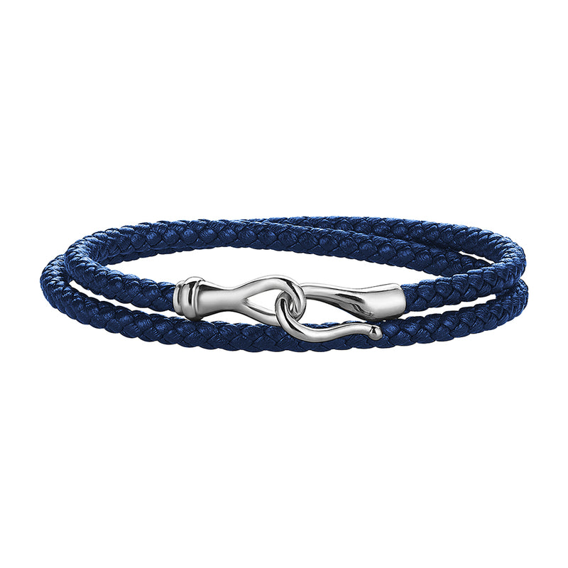 Men's Blue Leather Wrap Bracelet with 10k White Gold Fish Hook Clasp