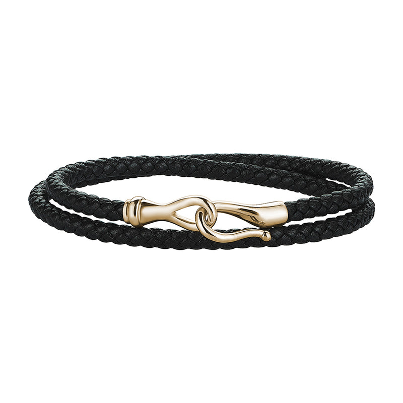 Men's Fish Hook Wrap Leather Bracelet - Black & Yellow Gold
