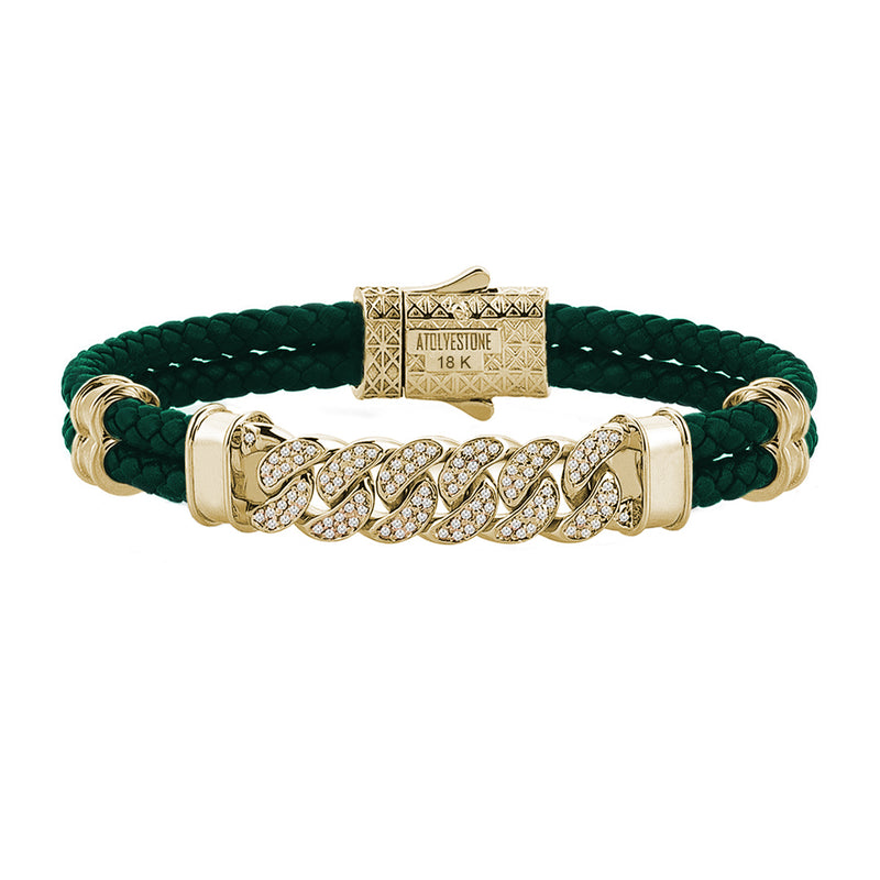 Mens Cuban Links Leather Bracelet - Dark Green Leather - Solid Yellow Gold
