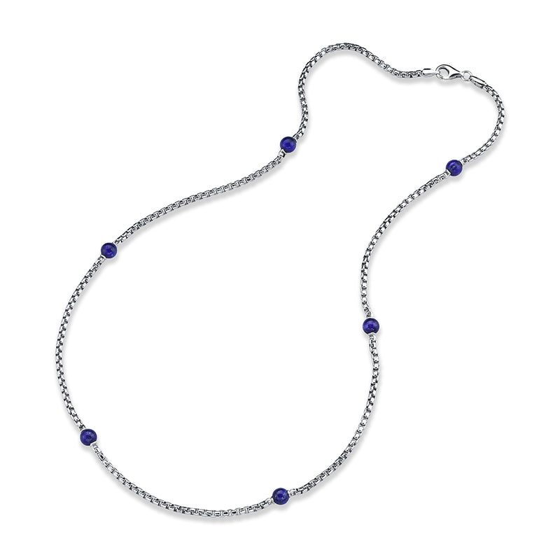 Men's 925 Sterling Silver Round Box Chain Necklace with Natural Lapis Lazuli Beads