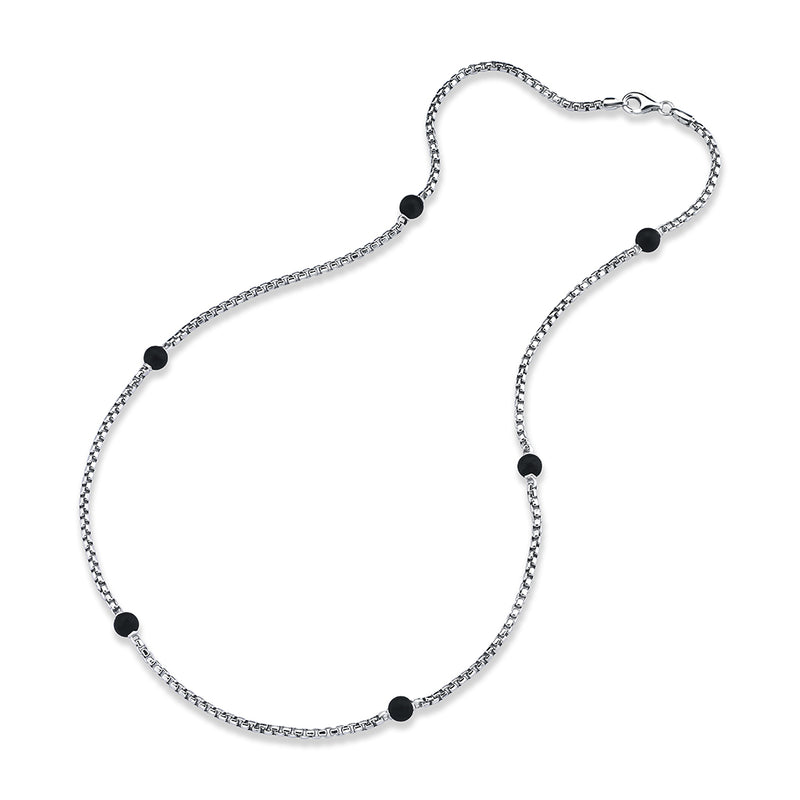 Men's 925 Sterling Silver Round Box Chain Necklace with Natural Agate Beads