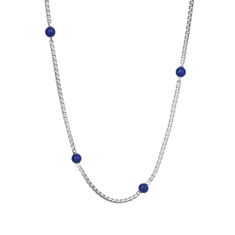 Men's 925 Solid Silver Lapis Lazuli Beaded Box Chain Necklace