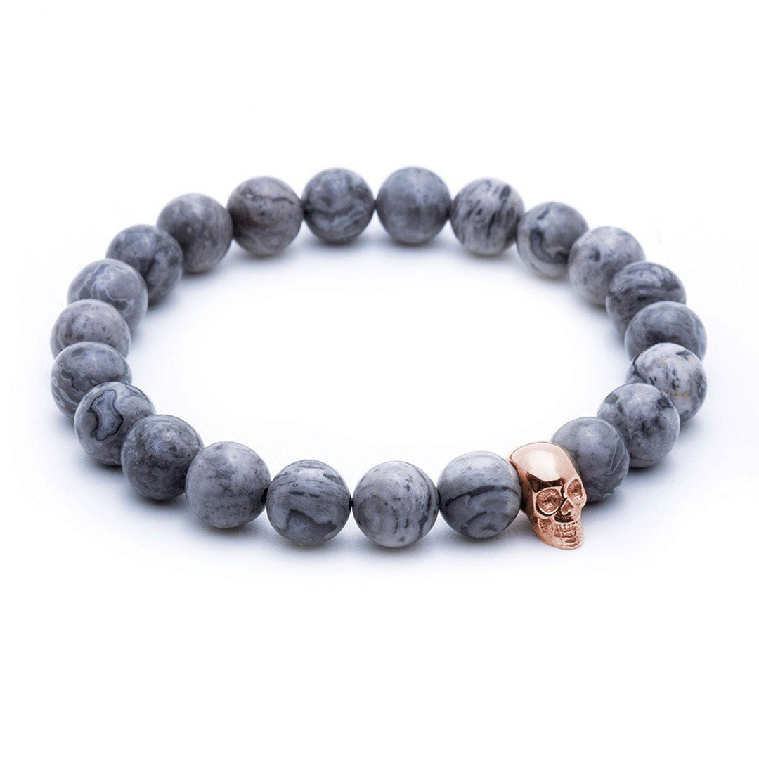 Skull Beaded Bracelet - Rose Gold - Grey Jasper