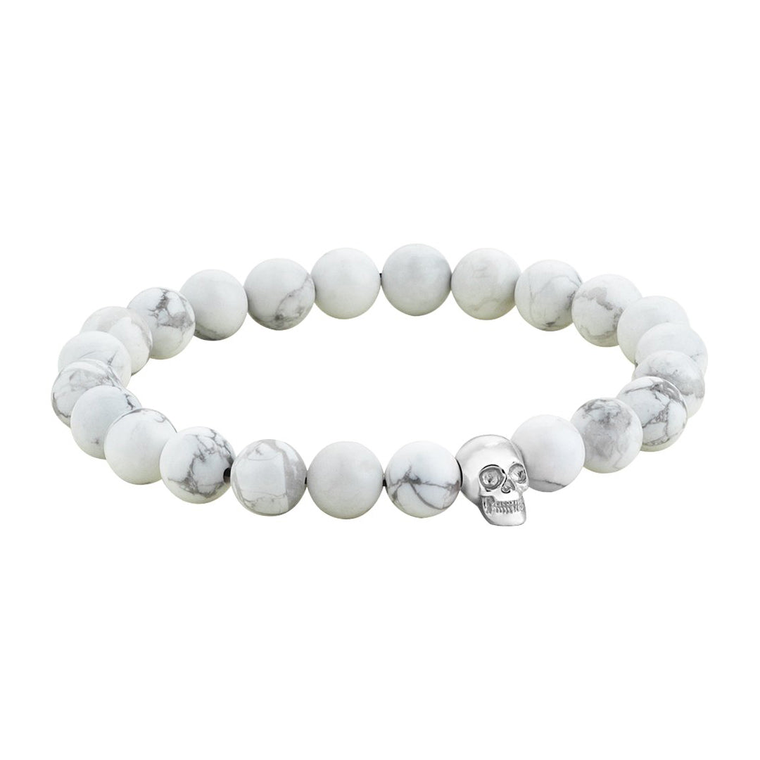 Mens Exclusive Skull Beaded Bracelet - White Gold - Howlite