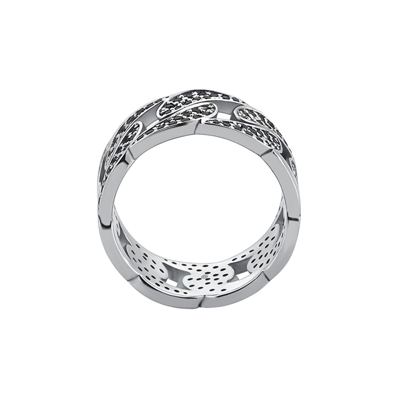 Men's 925 Solid Silver Cuban Link Chain Ring Paved with Black Stones