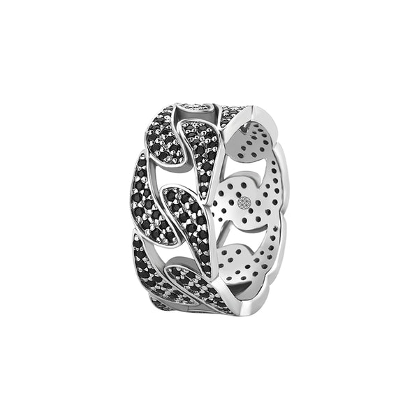 925 Sterling Silver Black CZ Paved Cuban Link Chain Ring for Men