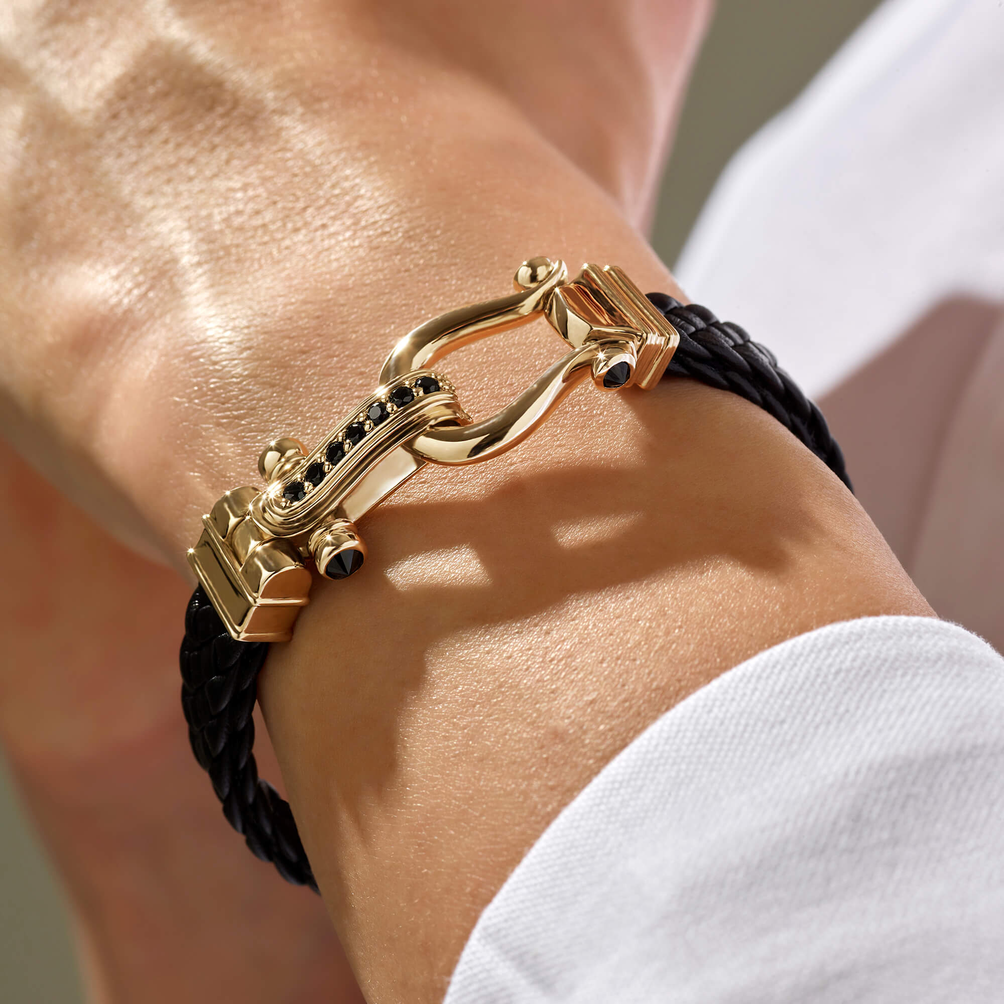 Atolyestone Iconic Leather Bracelet in Gold - Black Nappa