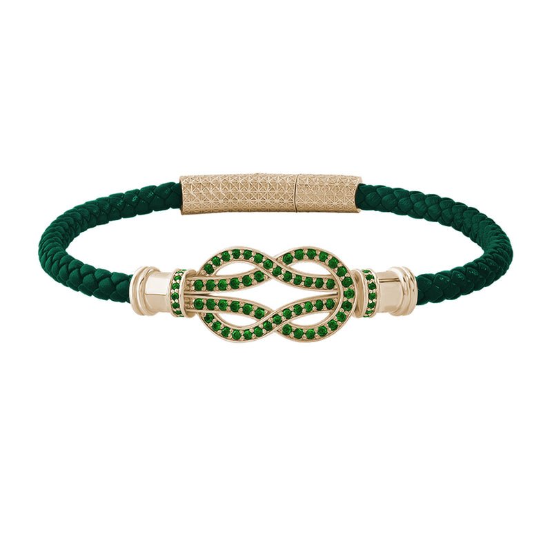Emerald Pave Solid Yellow Gold Infinity Charm Green Leather Bracelet for Men