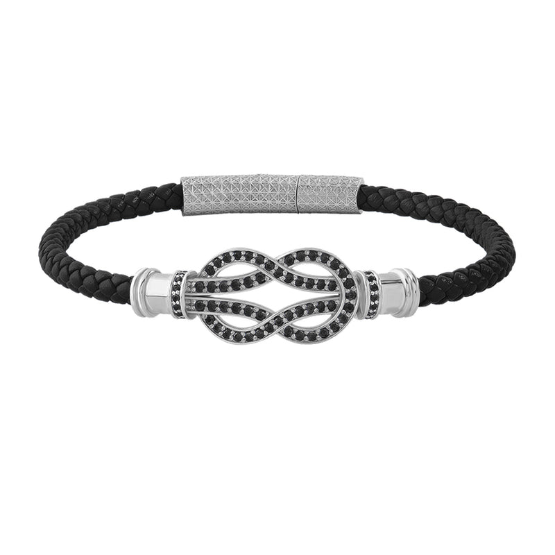 Diamond Pave Solid White Gold Infinity Charm Black Leather Bracelet for Men