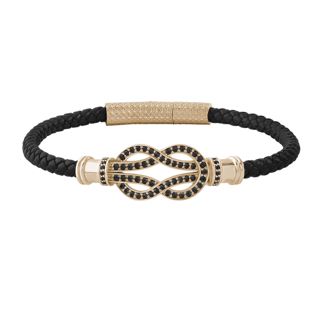 Diamond Pave Solid Yellow Gold Infinity Charm Black Leather Bracelet for Men