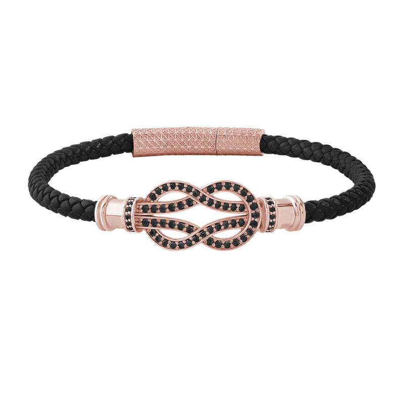 Diamond Pave Solid Rose Gold Infinity Charm Black Leather Bracelet for Men