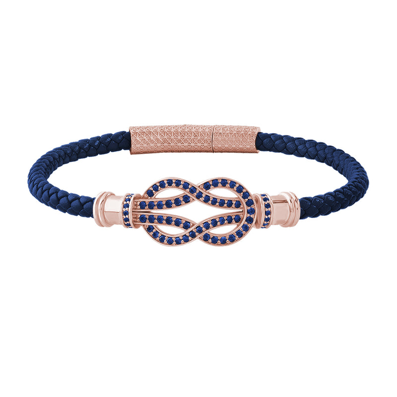 Sapphire Pave Solid Rose Gold Infinity Charm Blue Leather Bracelet for Men
