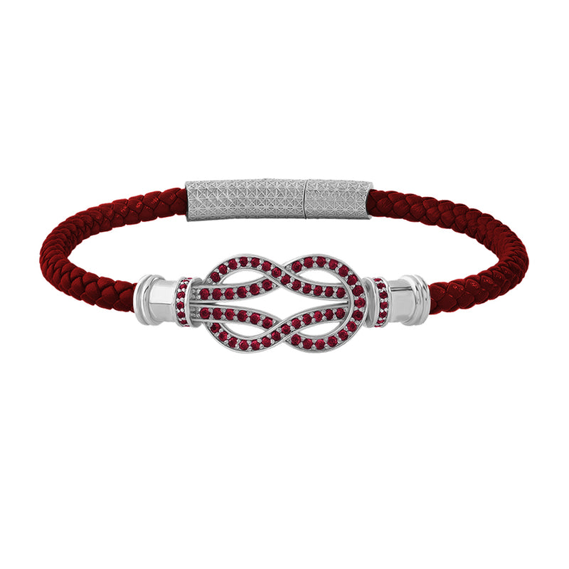 Ruby Pave Solid White Gold Infinity Charm Red Leather Bracelet for Men