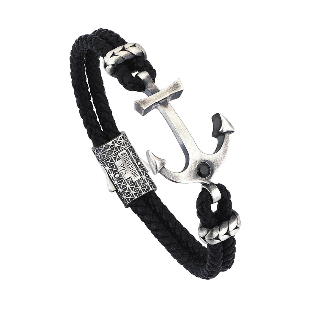 Mens Invıctus Anchor Leather Bracelet - Black Leather - Silver