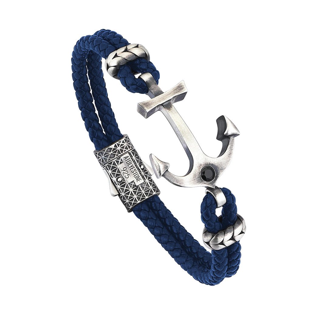 Mens Invıctus Anchor Leather Bracelet - Blue Leather - Silver