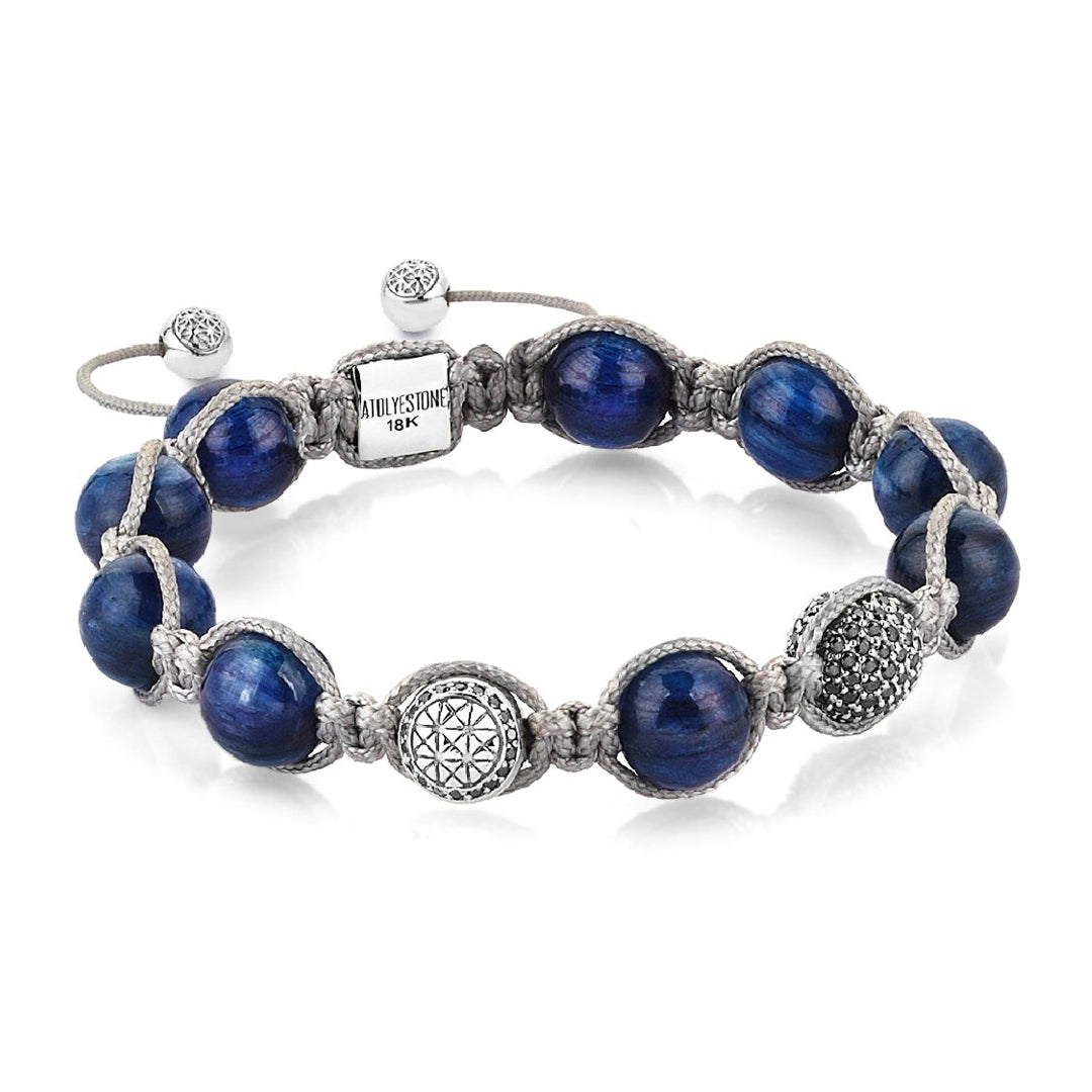 Mens Kyanite Macrame Bracelet - White Gold - Black Diamond