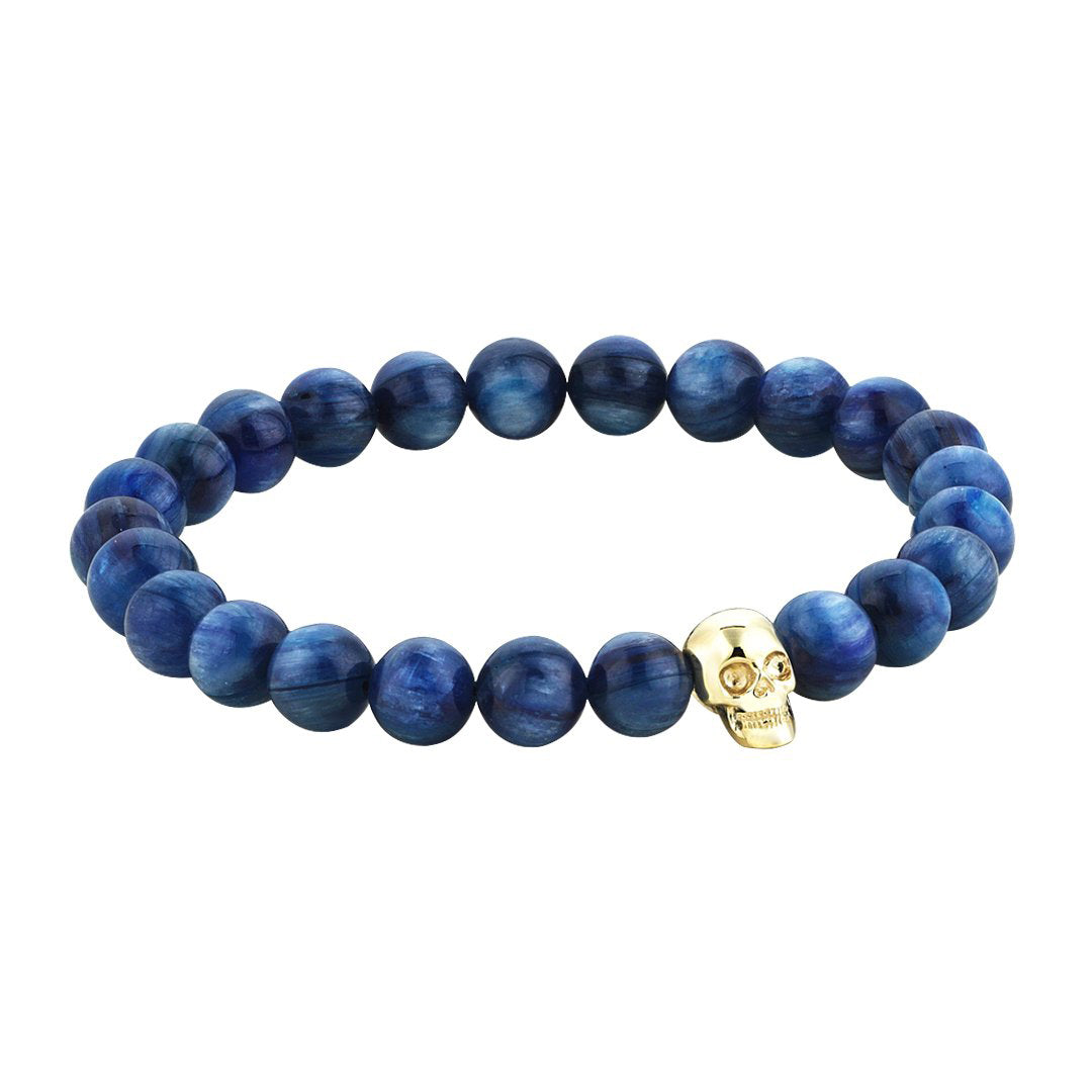 Mens Exclusive Skull Beaded Bracelet - Yellow Gold - Kyanite