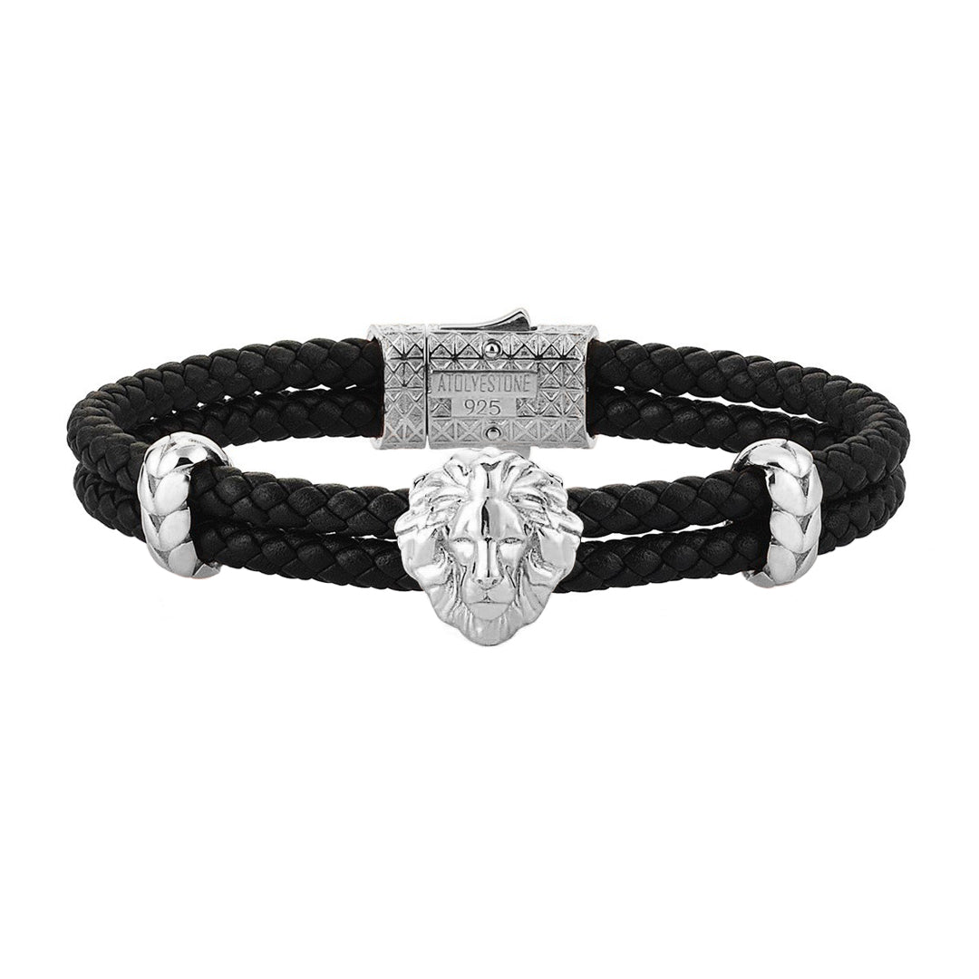 Mens Leo Leather Bracelet - Black Leather - Silver