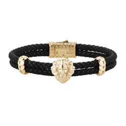 Mens Leo Leather Bracelet - Black Leather - Yellow Gold