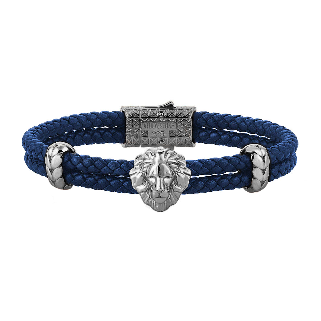 Mens Leo Leather Bracelet - Blue Leather - Gunmetal