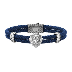 Mens Leo Leather Bracelet - Blue Leather - Oxidized Solid Silver