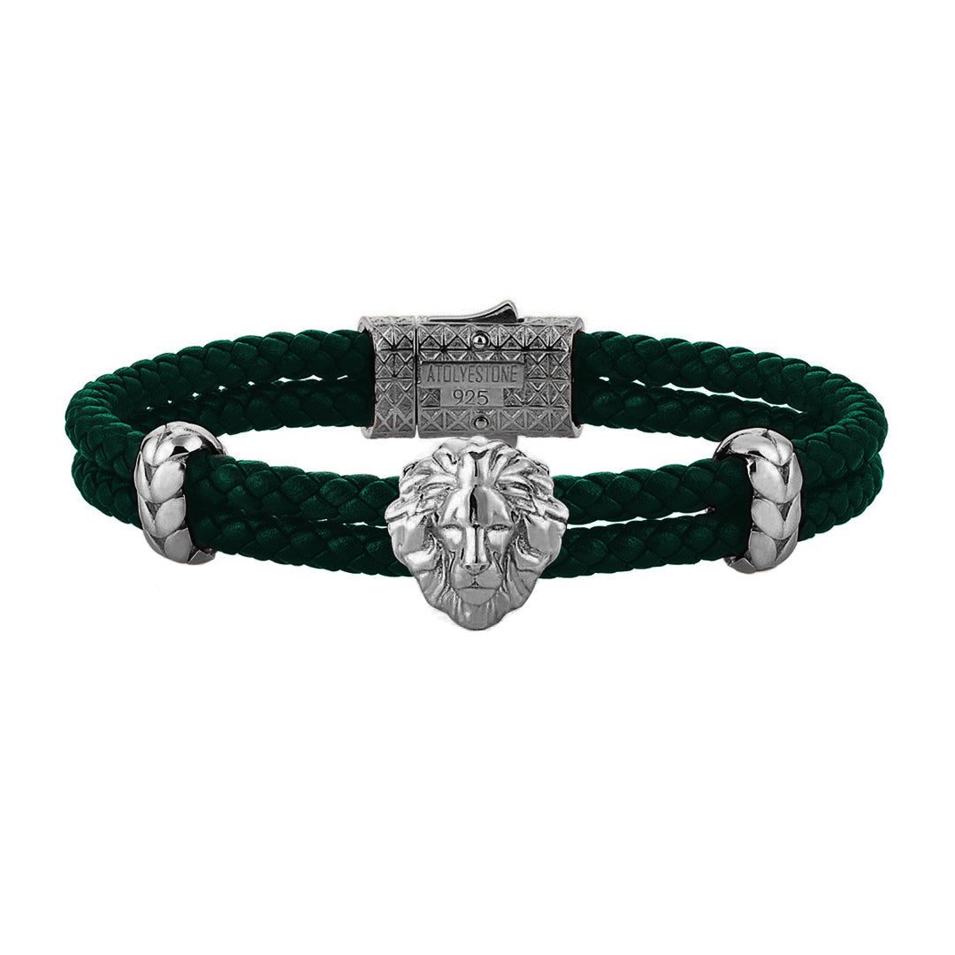 Mens Leo Leather Bracelet - Dark Green Leather - Gunmetal
