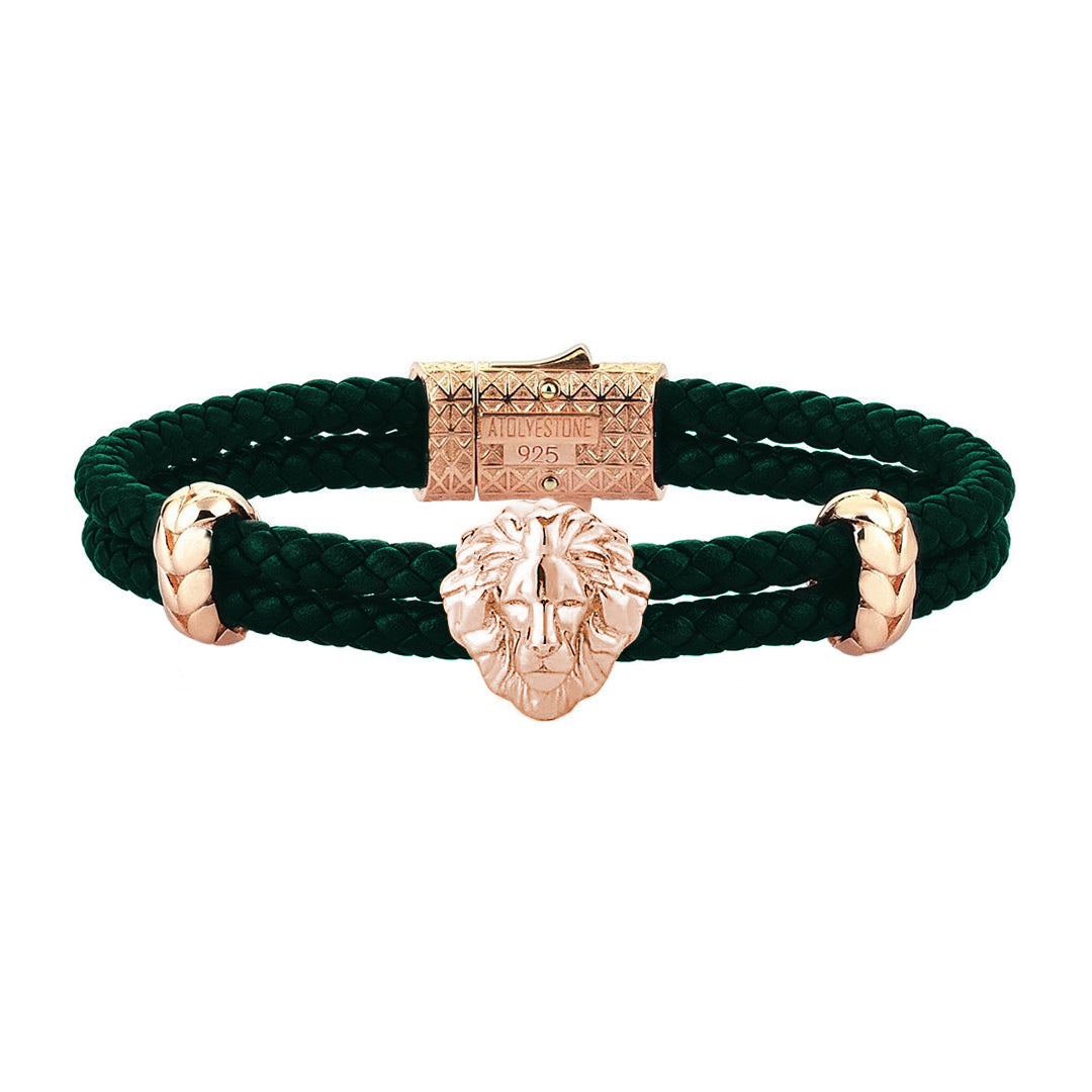 Mens Leo Leather Bracelet - Dark Green Leather - Rose Gold