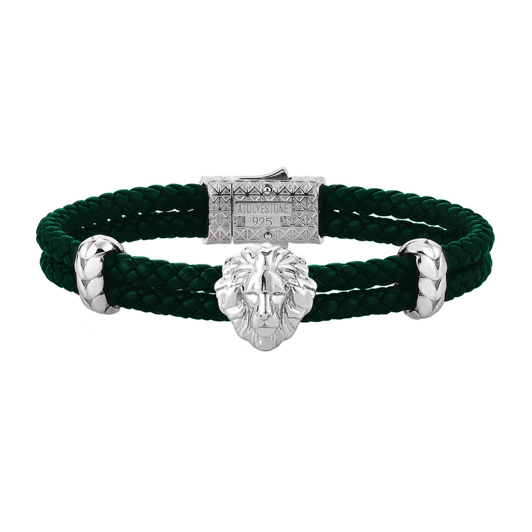 Mens Leo Leather Bracelet - Dark Green Leather - Silver