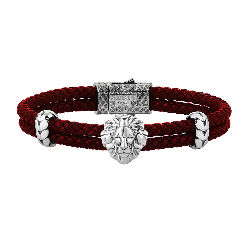 Mens Leo Leather Bracelet - Dark Red Leather - Oxidized Solid Silver