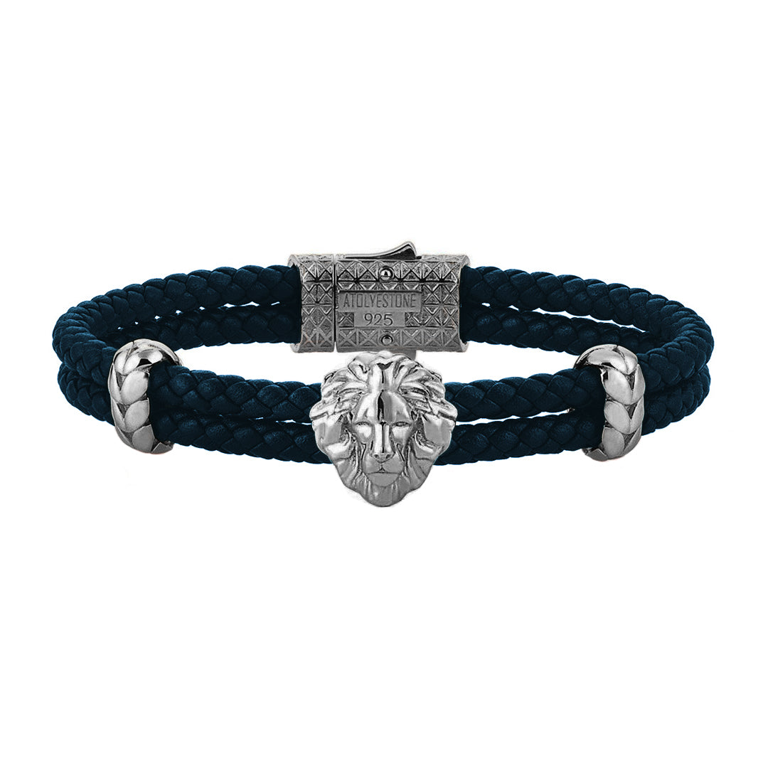 Navy Braided Leather Bracelet with Gunmetal Silver Lion Charm