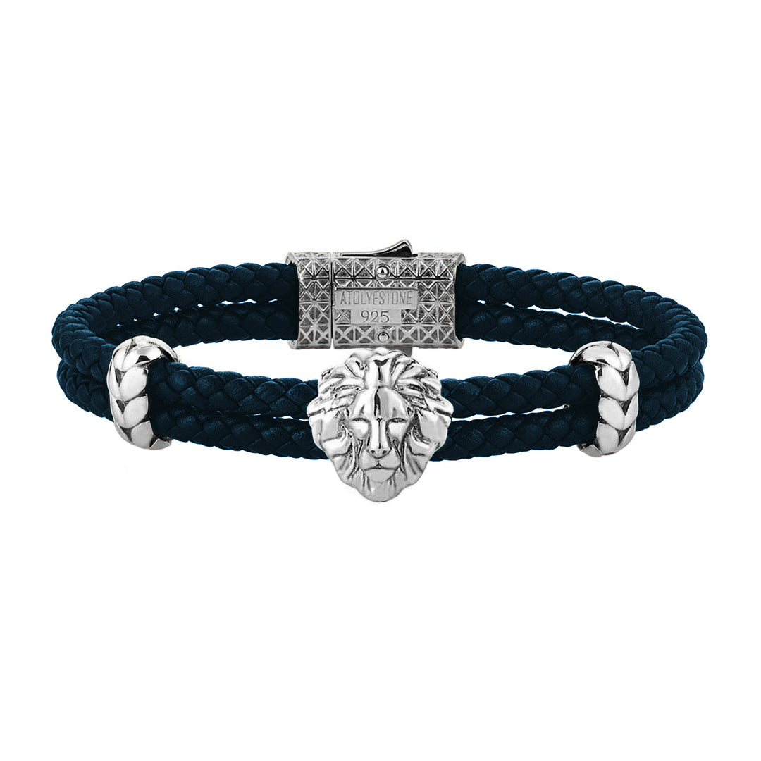 Mens Leo Leather Bracelet - Navy Leather - Oxidized Solid Silver