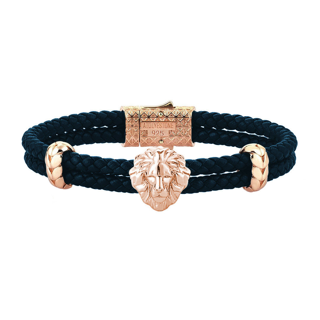 Mens Leo Leather Bracelet - Navy Leather - Rose Solid Silver