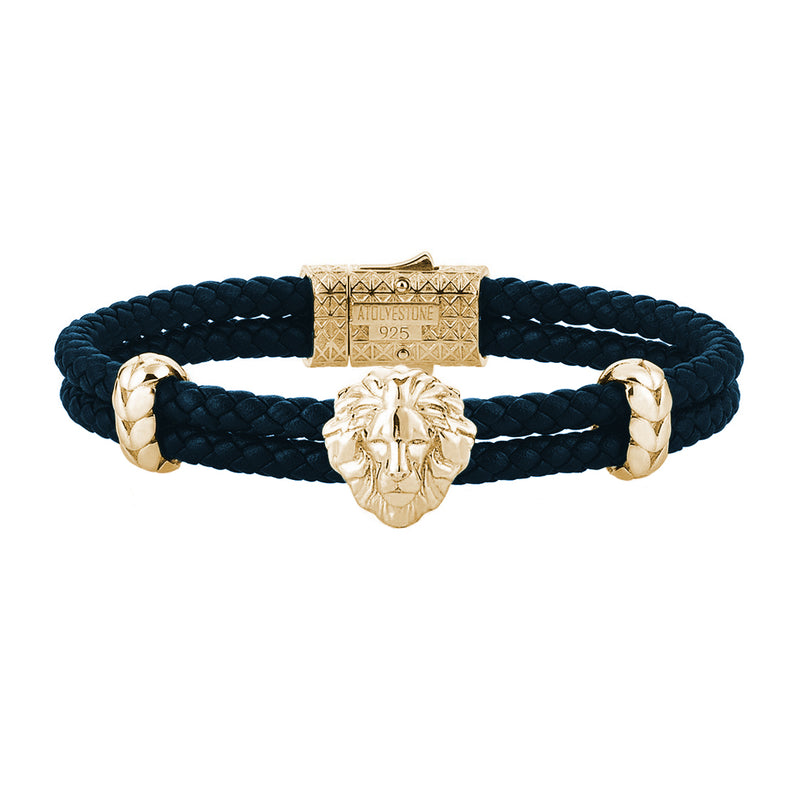 Mens Leo Leather Bracelet - Navy Leather - Yellow Gold Solid Silver