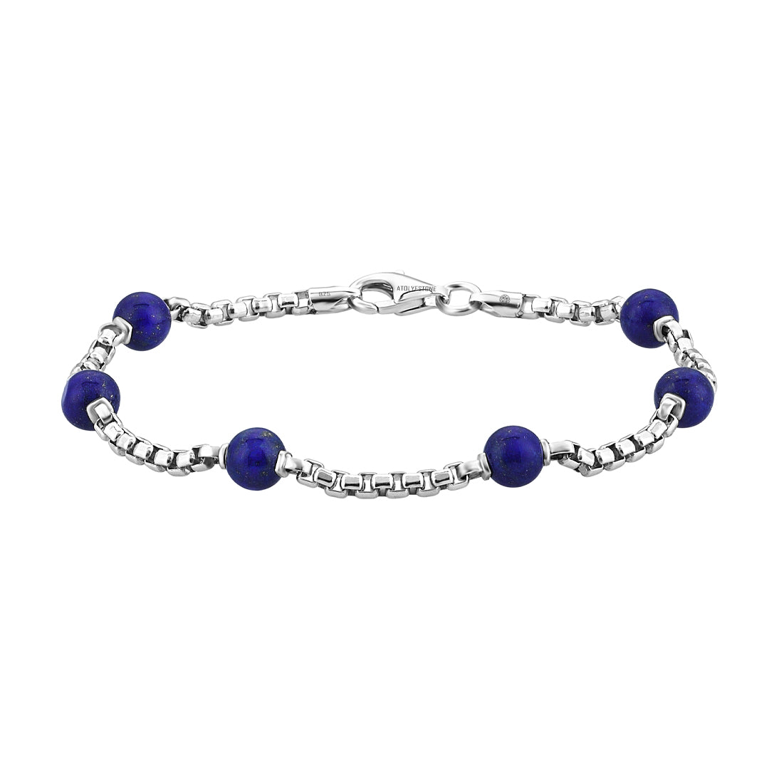 Men's 925 Sterling Silver Round Box Chain Bracelet with Natural Lapis Lazuli Beads
