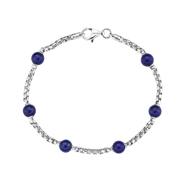 Men's 925 Solid Silver Lapis Lazuli Beaded Box Chain Bracelet