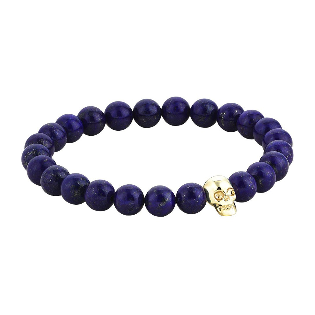 Mens Exclusive Skull Beaded Bracelet - Yellow Gold - Lapis Lazuli