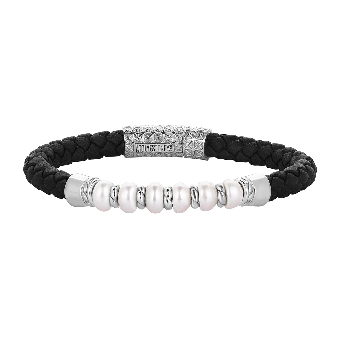 Men's 925 Sterling Silver Freshwater Pearl Beaded Black Italian Leather Braided Bracelet