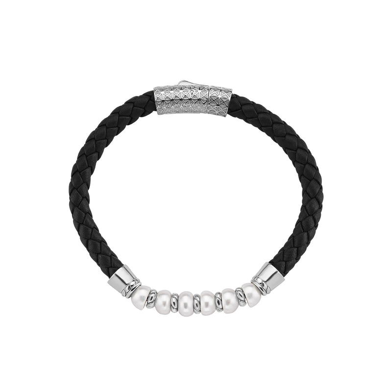 925 Sterling Silver Pearl Beaded Black Braided Leather Bracelet for Men