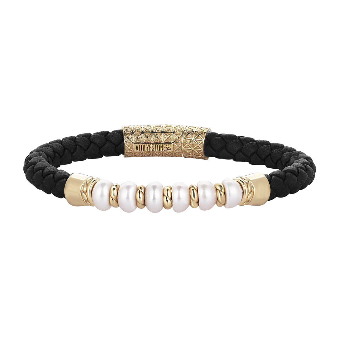 Men's 925 Sterling Silver Freshwater Pearl Beaded Black Italian Leather Braided Bracelet - Yellow Gold