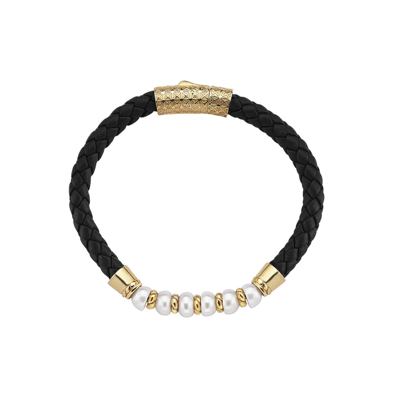 925 Sterling Silver Pearl Beaded Black Braided Leather Bracelet for Men - Yellow Gold