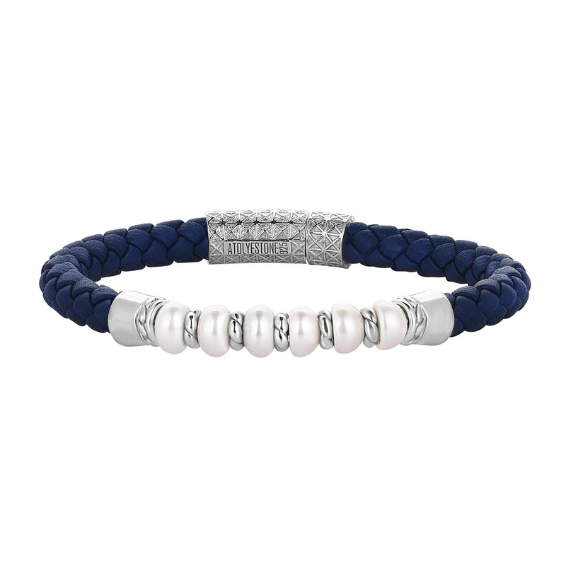 Men's Good Luster Freshwater Pearl Beaded Blue Leather Bracelet in 925 Solid Silver