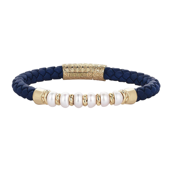 Men's Freshwater Pearl Beaded Blue Italian Leather Braided Bracelet - Yellow Gold
