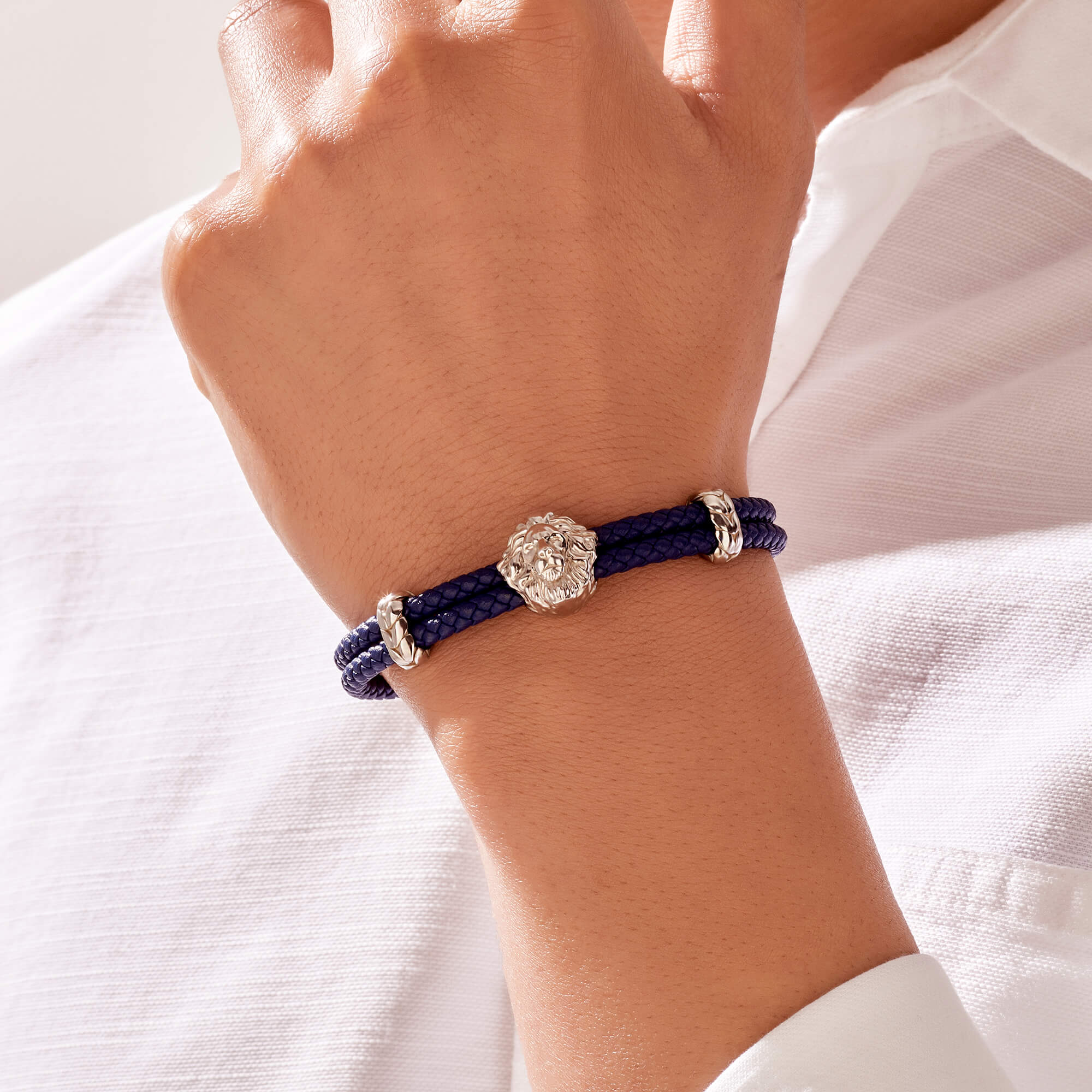 Blue Italian Leather & Lion Bracelet in Silver